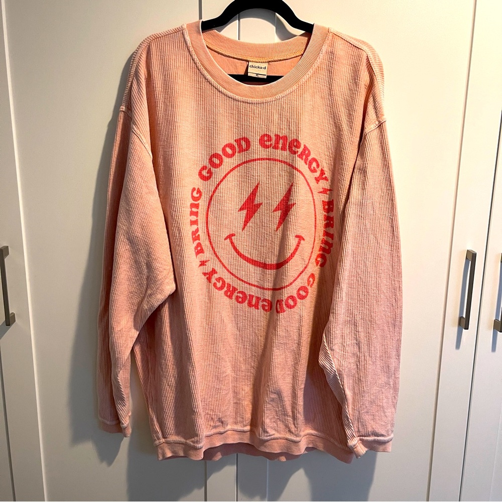 Pink Lily Peach Graphic Good Energy Sweatshirt
